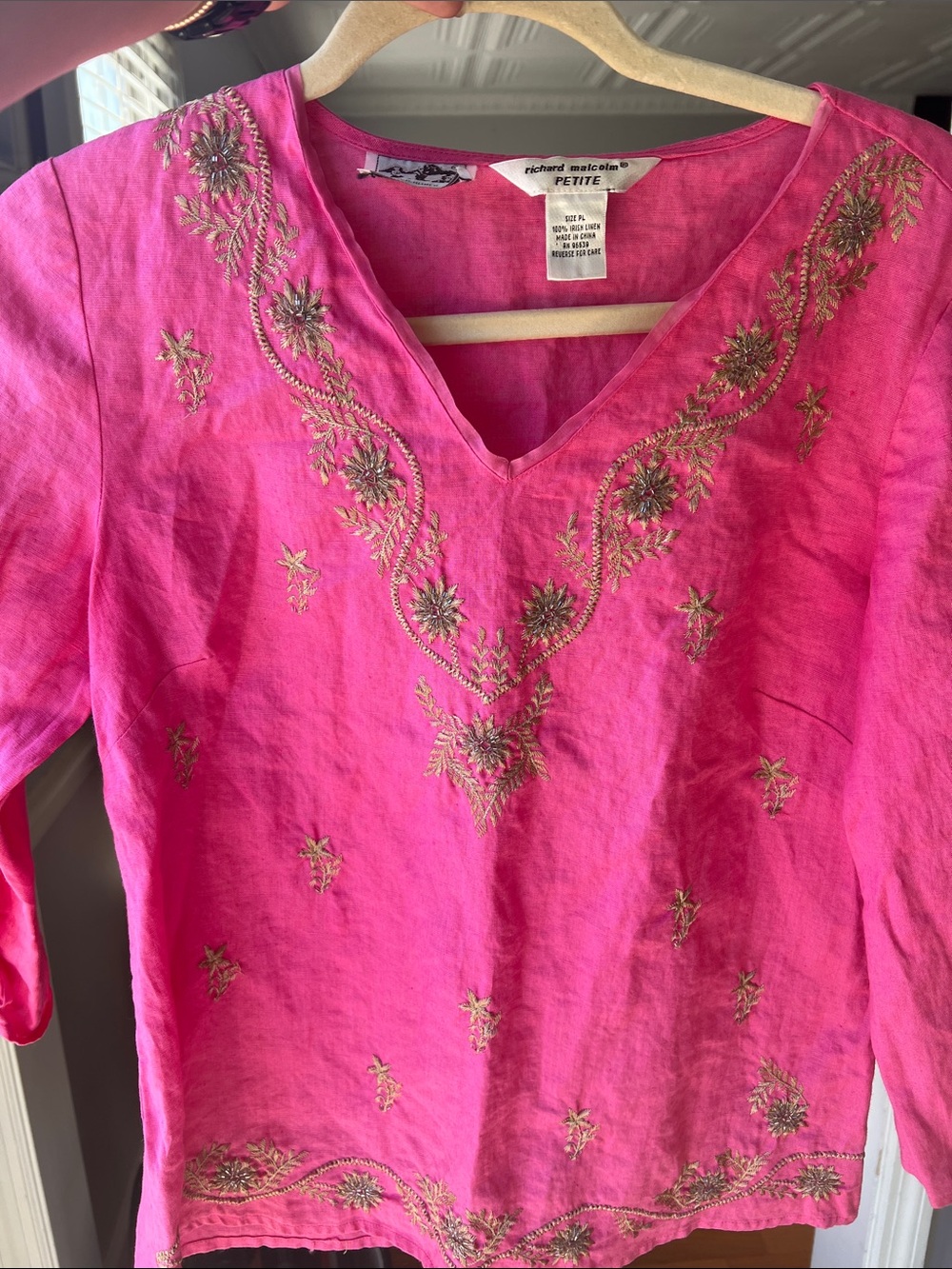 Richard Malcom Petite large Pink Embroidered V-Neck Irish Linen Top